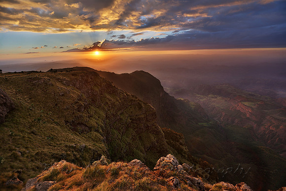 Highlands of Ethiopia, with rare Geladas, on the ridge.