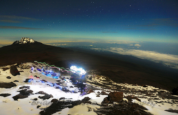 Lights from trekkers climbing Mt.Kilimanajaro